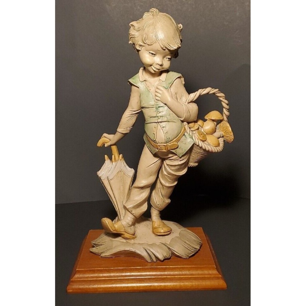 Giuseppe Armani Italy Boy with Mushroom Basket and Umbrella Figurine Wood Base